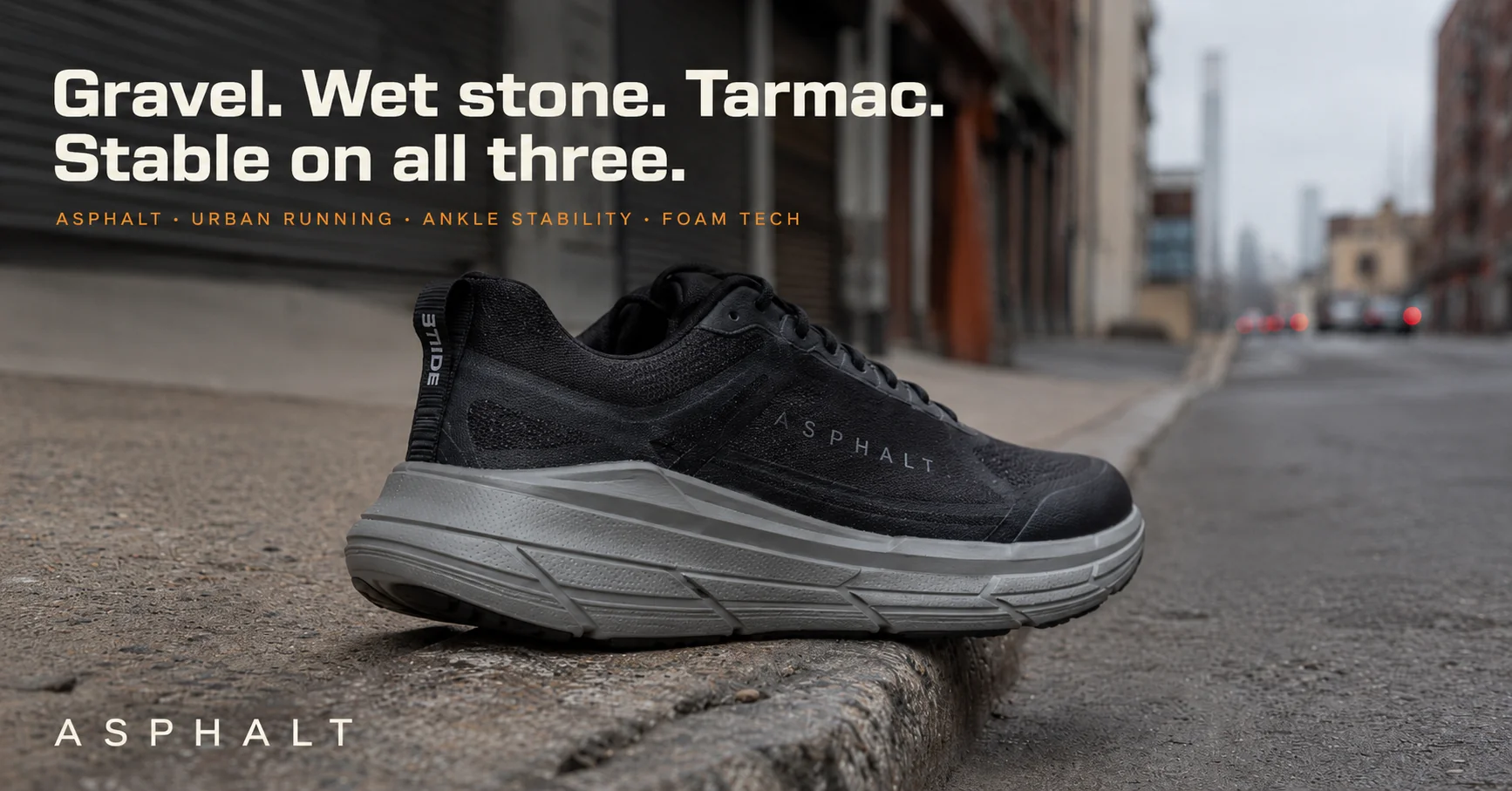 Gravel. Wet stone. Tarmac. Stable on all three.