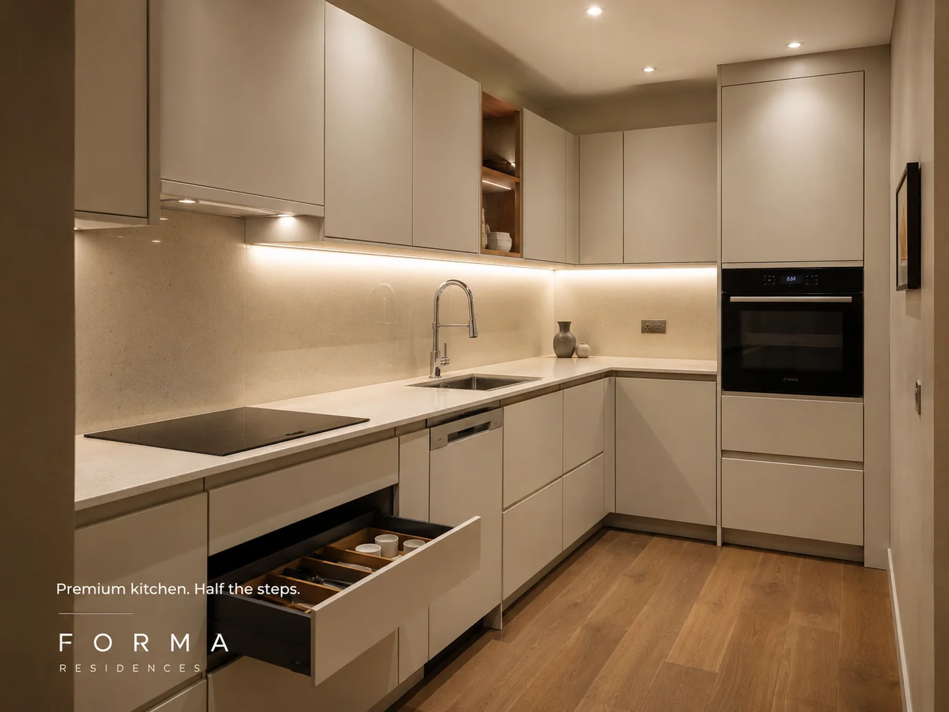 Premium kitchen. Half the steps.
